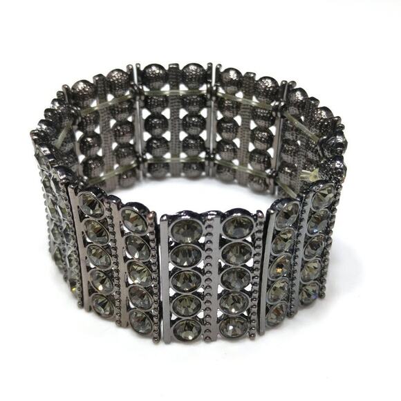 Wide Gunmetal Gray & Gray Rhinestones Stretch Bracelet, 7 1/2 Inches - Picture 7 of 8